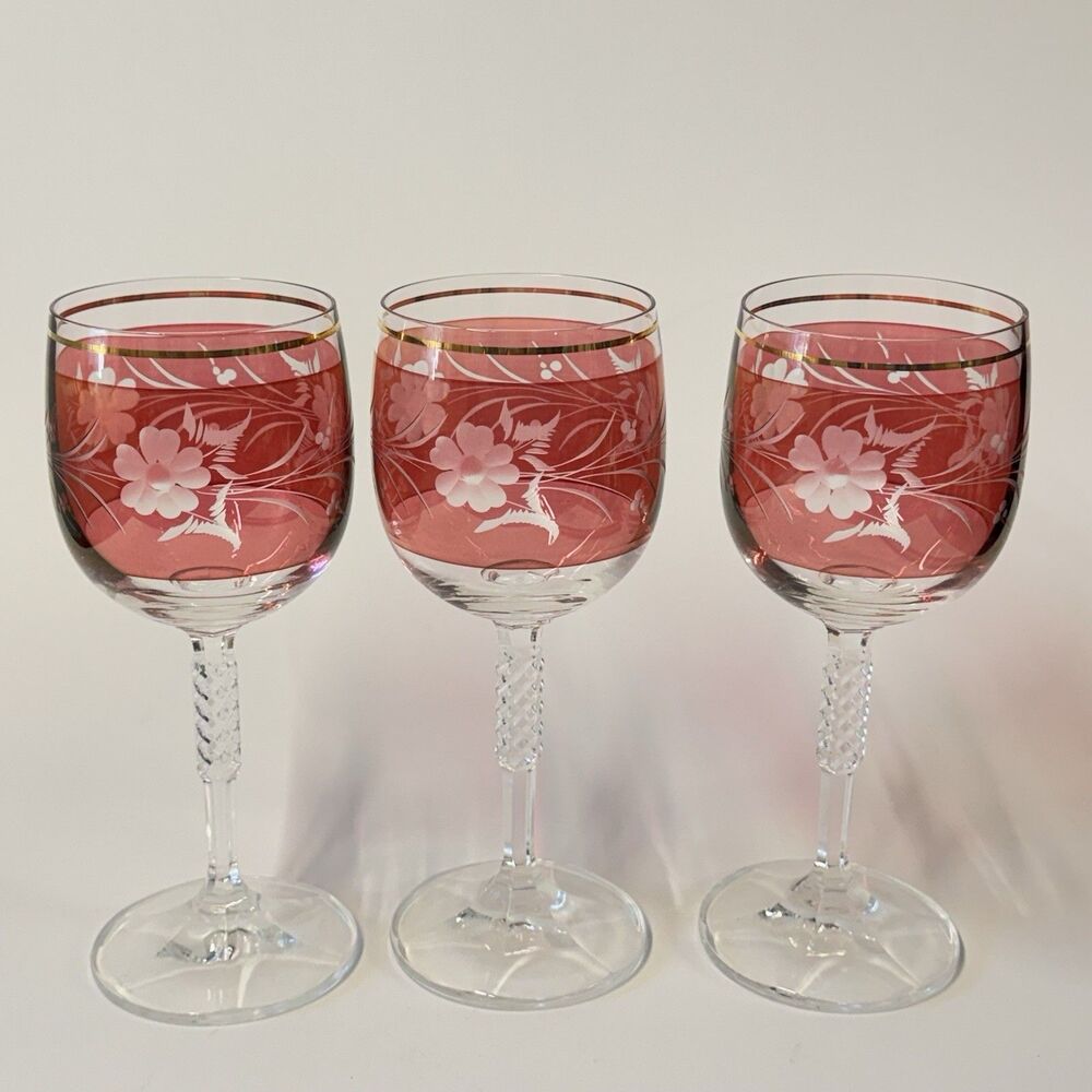 3 Bohemian Crystal Etched Wine Glasses Gold Trim Floral Pattern Pink Cranberry